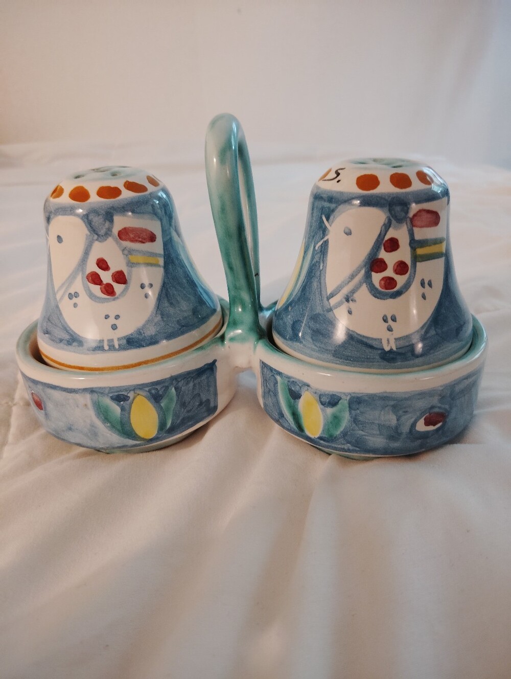 Italian Pottery Salt Pepper Shaker Caddy Birds Signed P Alimenti